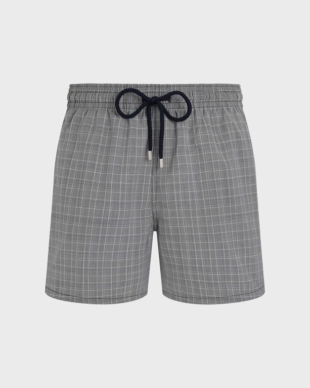Blue ultrafine wool swim shorts featuring a Prince of Wales check pattern, elastic waistband with a navy drawstring, and a relaxed fit, size L.