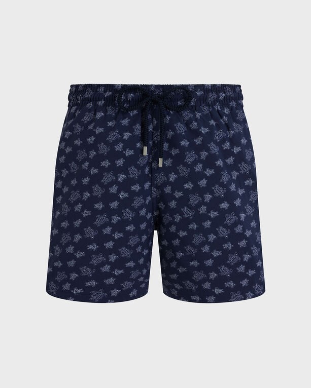 Blue ultrafine wool swim shorts featuring a turtle pattern, elastic waistband with drawstring, and a relaxed fit, designed for men in size XL.