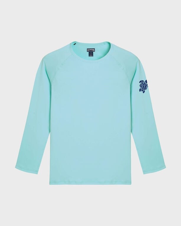 Light blue long-sleeve rashguard with UV protection, featuring a turtle graphic on the left sleeve, made from a stretchy, quick-drying material, available in size XXL.