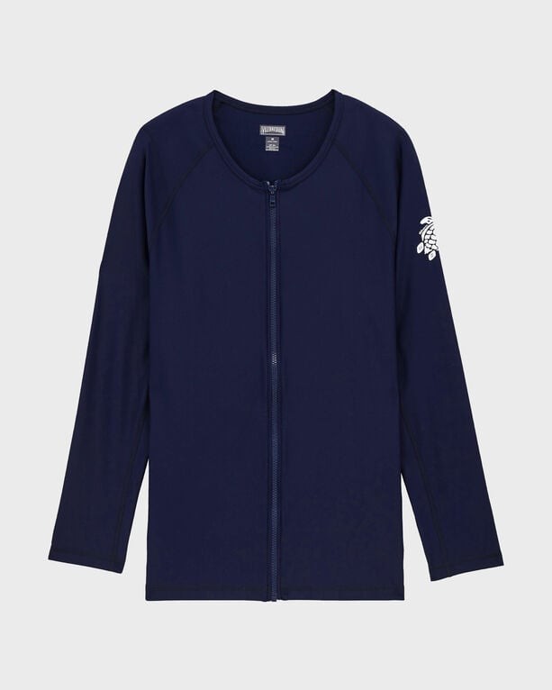 Blue long-sleeve rashguard with a zipper, featuring UV protection, made from a solid material, and includes a logo on the right sleeve; size XXL.