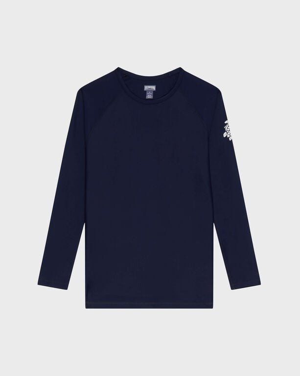 Solid blue long-sleeve rashguard made from UV-protective material, featuring a subtle logo on the left sleeve, designed for regular fit, available in size M.