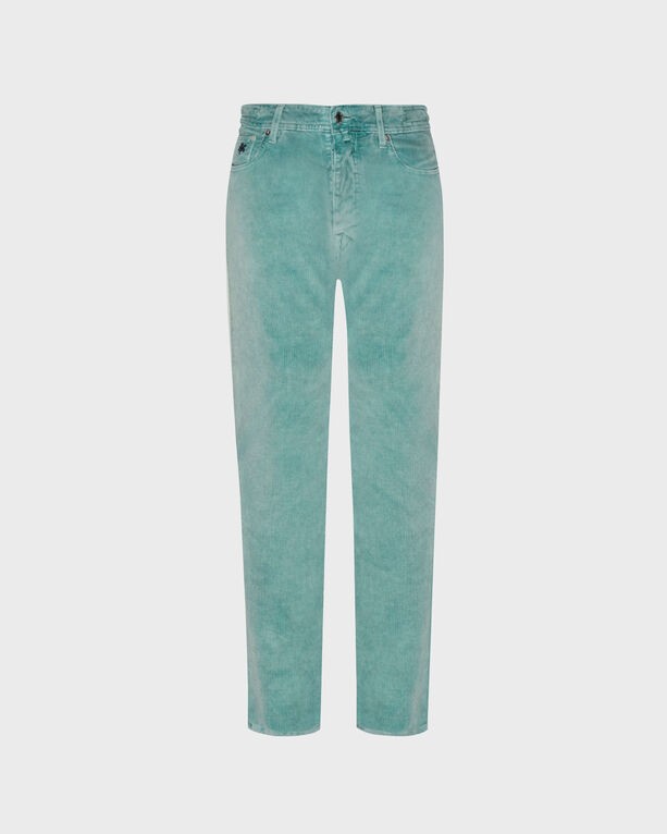 Men's vintage faded green corduroy pants with a 5-pocket design, featuring a classic button and zipper closure, in size 33 by Vilebrequin.