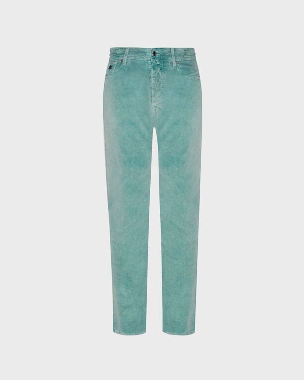 Men's vintage faded green corduroy pants by Vilebrequin, featuring a 5-pocket design and a slim fit, available in size 38.