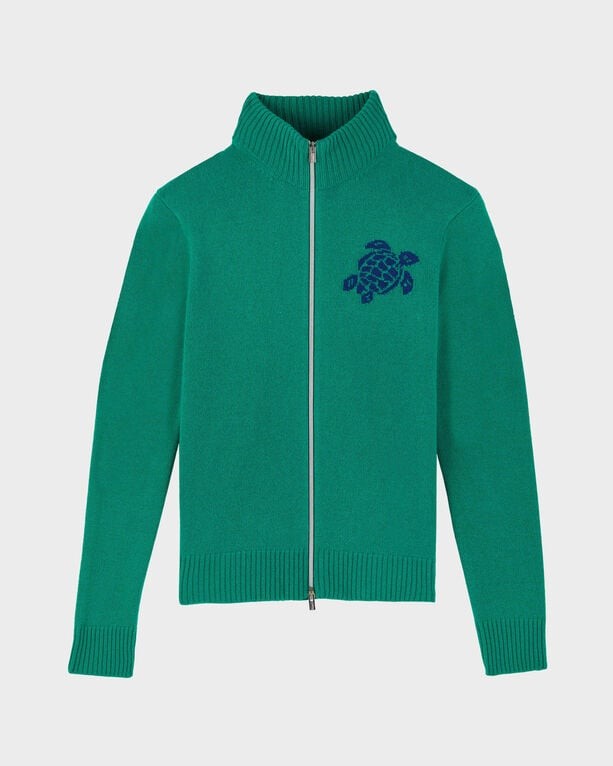 Green full zip sweater made of wool and cashmere, featuring a turtle logo on the chest and ribbed collar and cuffs, available in size XXXL.