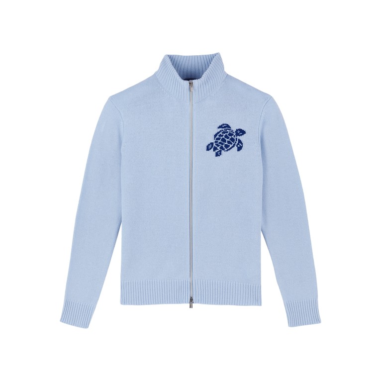 Light blue full zip sweater made of wool and cashmere, featuring a turtle logo on the left chest and ribbed cuffs and hem, available in size M.