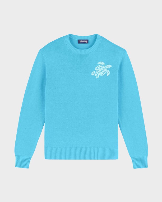 Light blue wool and cashmere pullover sweater featuring a turtle logo on the chest, ribbed cuffs and hem, available in size XXL.