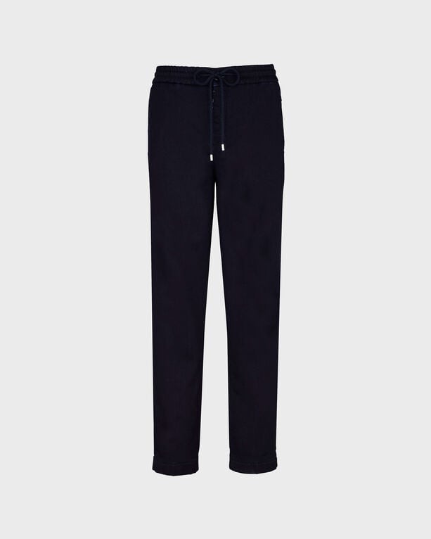 Blue wool denim jogger pants with an elastic waistband and drawstring, featuring a relaxed fit and cuffed hems, designed for men in size 28 by Vilebrequin.