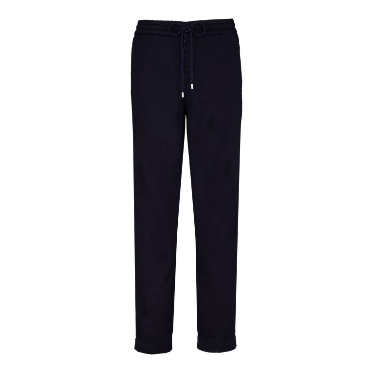 Men's blue wool denim jogger pants by Vilebrequin, featuring an elastic waistband with drawstring, side pockets, and a relaxed fit, size 36.