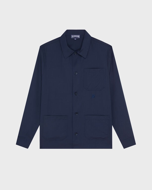 Navy blue wool overshirt with a micro check pattern, featuring a button-up front, a chest pocket, and two front pockets, designed by Vilebrequin in size XXL.