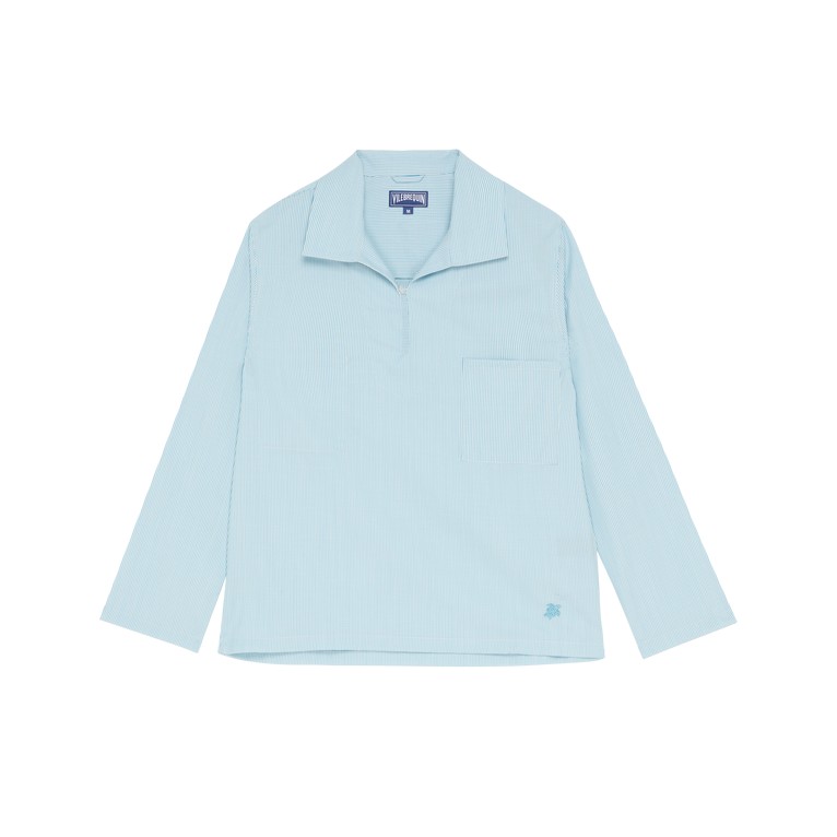 Light blue ultrafine wool peajacket shirt with micro stripes, featuring a collar, long sleeves, and a chest pocket, by Vilebrequin in size S.