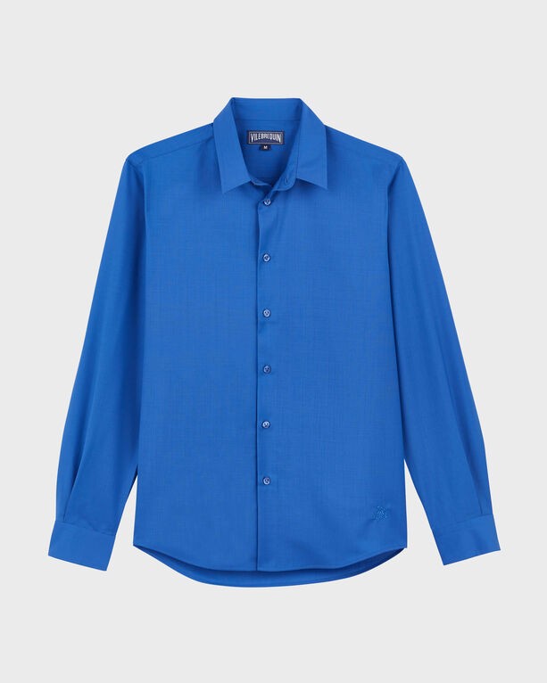 Solid blue wool shirt by Vilebrequin in size S, featuring a classic collar, long sleeves, and a button-down front with a subtle logo detail on the hem.