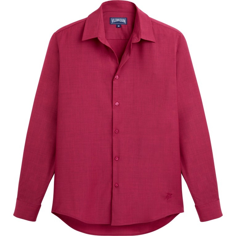 Red wool shirt by Vilebrequin, featuring a classic collar, long sleeves, button front, and a relaxed fit, size M.