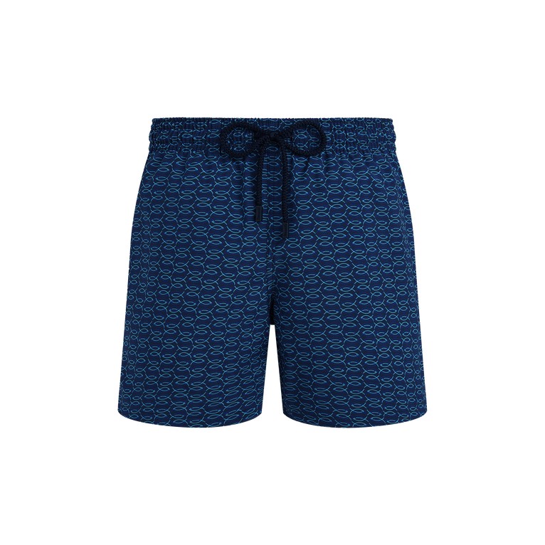 Blue wool swim shorts featuring a fish net pattern, elastic waistband with drawstring, and a relaxed fit, designed by Vilebrequin in size XL.