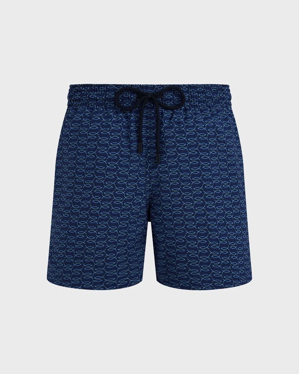 Men's blue wool swim shorts featuring a fish net pattern, elastic waistband with drawstring, and a relaxed fit, available in size XXXL by Vilebrequin.