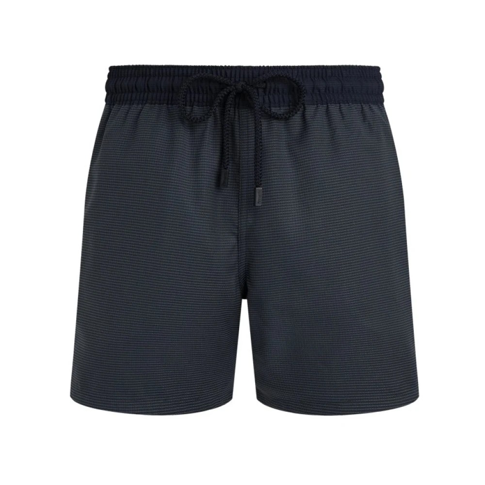 Blue ultrafine wool swim shorts by Vilebrequin, featuring a micro check pattern, elastic waistband with drawstring, and tailored fit, size L.