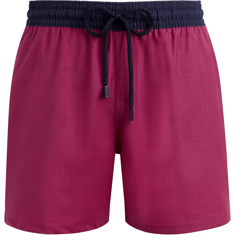 Red ultrafine wool swim shorts by Vilebrequin, featuring a navy drawstring waistband and a relaxed fit, perfect for beachwear in size XL.