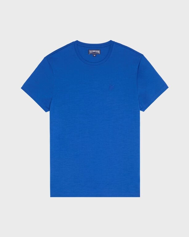 Solid blue men's wool T-shirt by Vilebrequin, featuring a classic crew neckline and short sleeves, available in size M, with subtle branding on the chest.