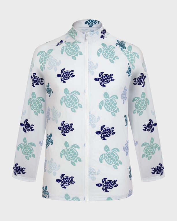 White long-sleeve rashguard featuring a colorful turtle print in shades of blue and green, with a zip front and a high collar, designed for men in size XS.