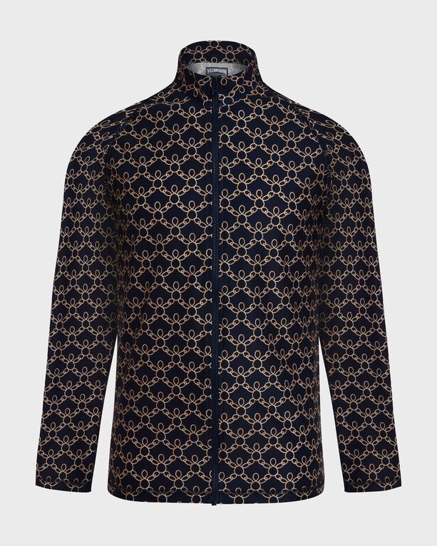 Blue long-sleeve rashguard featuring a turtle chain pattern, made from lightweight material, with a front zipper and a high collar, designed for men in size S.