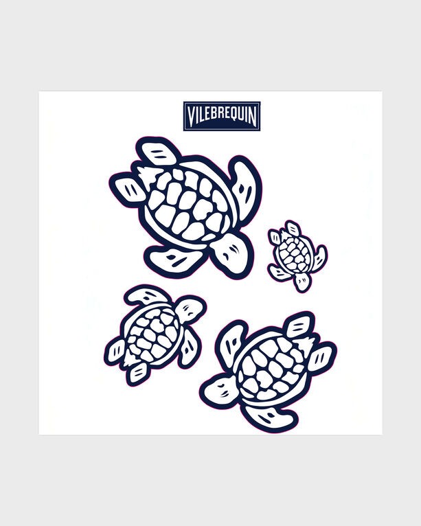 Four blue sea turtle stickers in varying sizes, featuring a simple, playful design, set against a white background, branded with the Vilebrequin logo at the top.