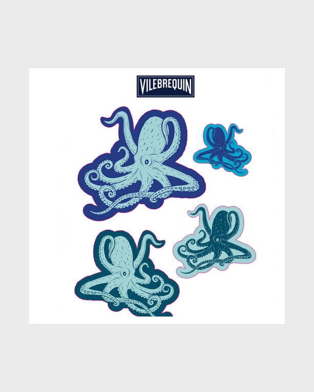 Four vibrant sea life stickers featuring octopus designs in shades of blue and green, showcasing intricate details and a playful, artistic style.