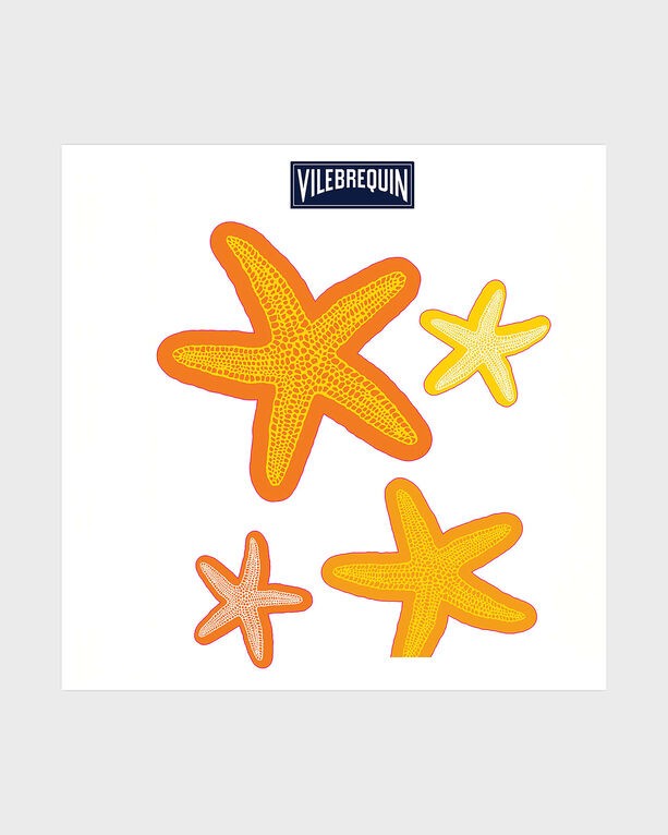 Three starfish stickers in vibrant orange and yellow hues, featuring textured details, branded with Vilebrequin and designed for Fiat collaboration.