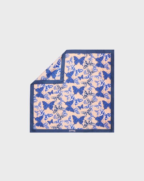 Silk scarf featuring a vibrant pink background adorned with blue butterfly and floral patterns, finished with a navy border, size OSFA.