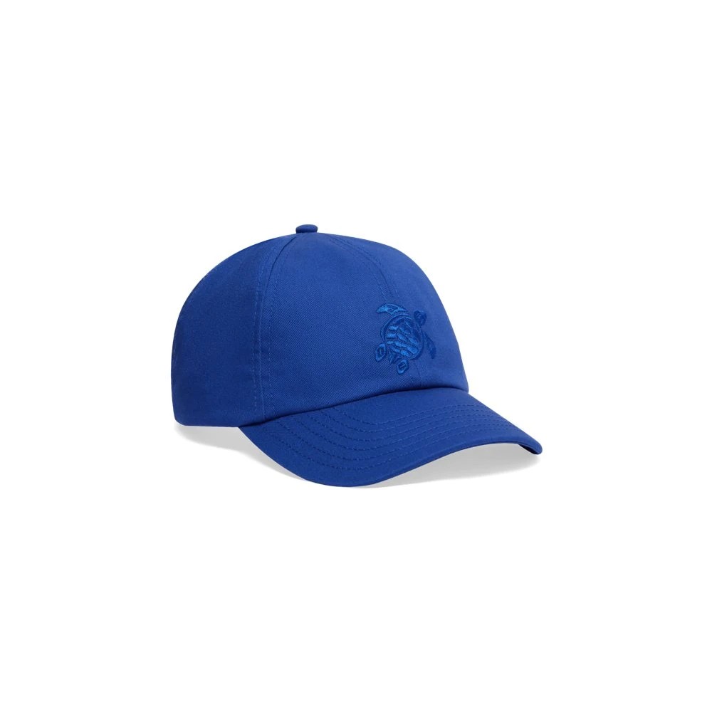 Blue cotton cap featuring a turtle embroidery on the front, with a curved brim and adjustable strap, designed for a one-size-fits-all fit.