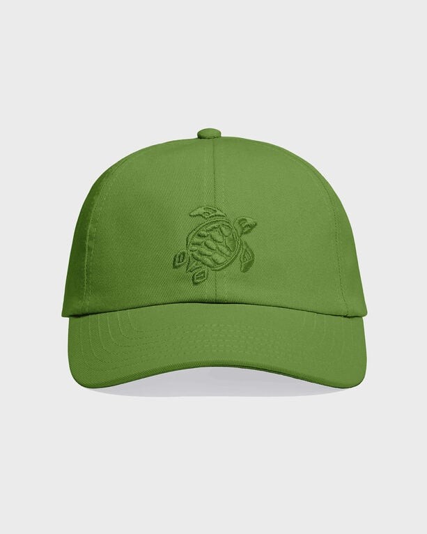 Green cap featuring a turtle embroidery on the front, made of durable material, with a classic curved brim and adjustable fit, size OSFA.