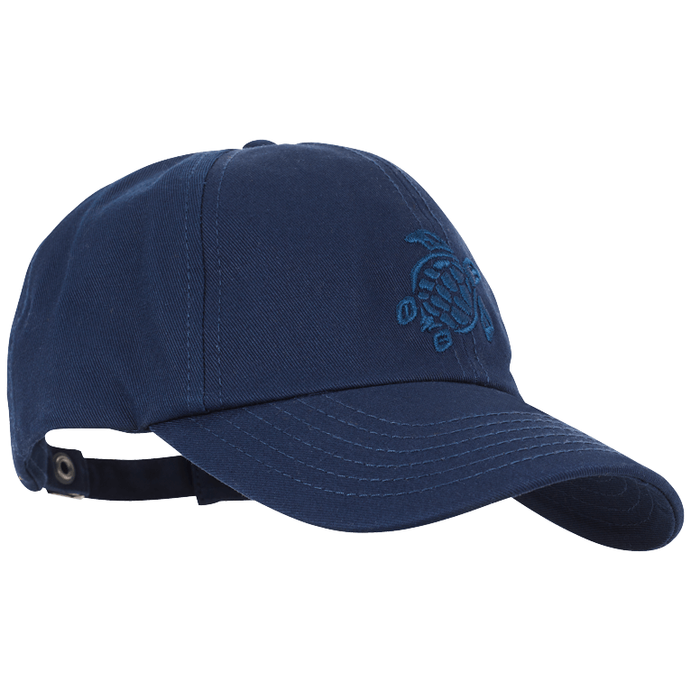 Blue cotton cap featuring a turtle embroidery on the front, adjustable strap at the back, and a classic curved brim design.