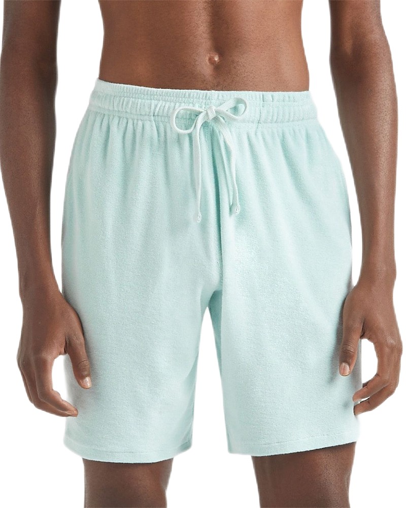 Light mint green terry cloth Bermuda shorts with an elastic waistband and drawstring, featuring side pockets and a relaxed fit, ideal for casual summer wear.