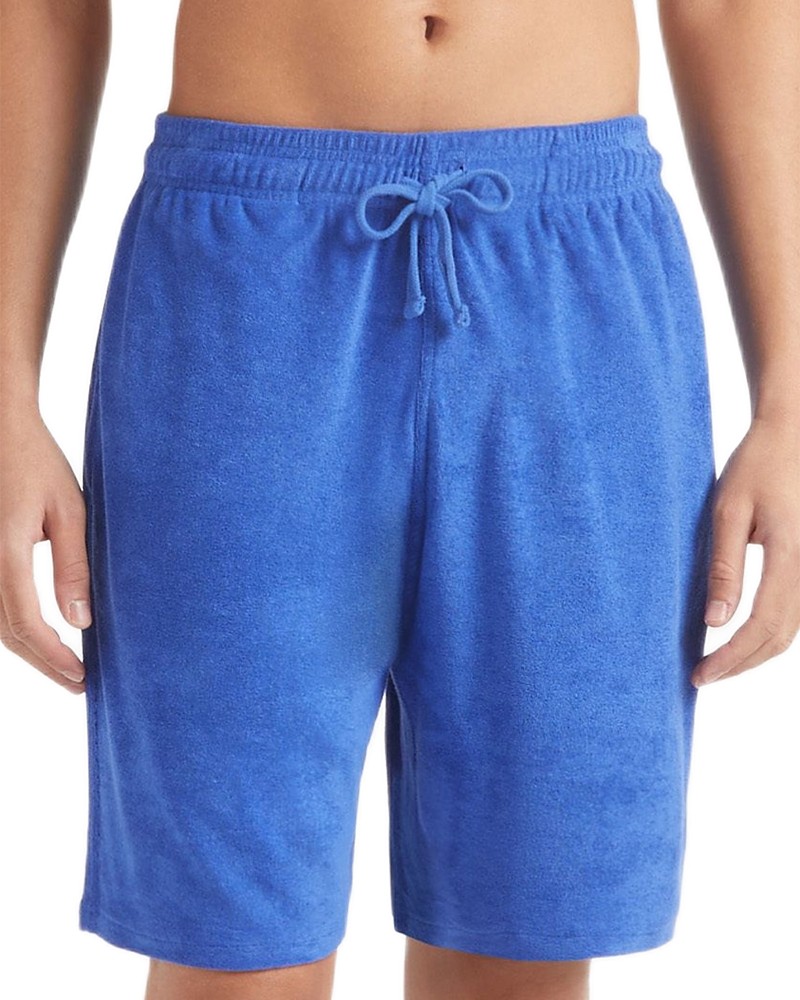 Blue terry cloth Bermuda shorts with an elastic waistband and drawstring, featuring a relaxed fit and knee-length cut, ideal for casual wear.