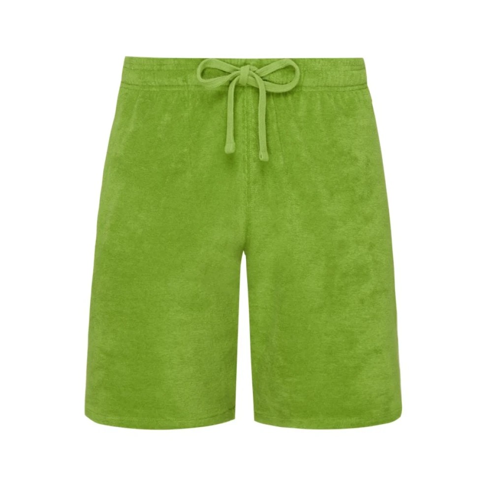 Bright green terry Bermuda shorts featuring an elastic waistband with a drawstring, designed for comfort and leisure, in size L by Vilebrequin.