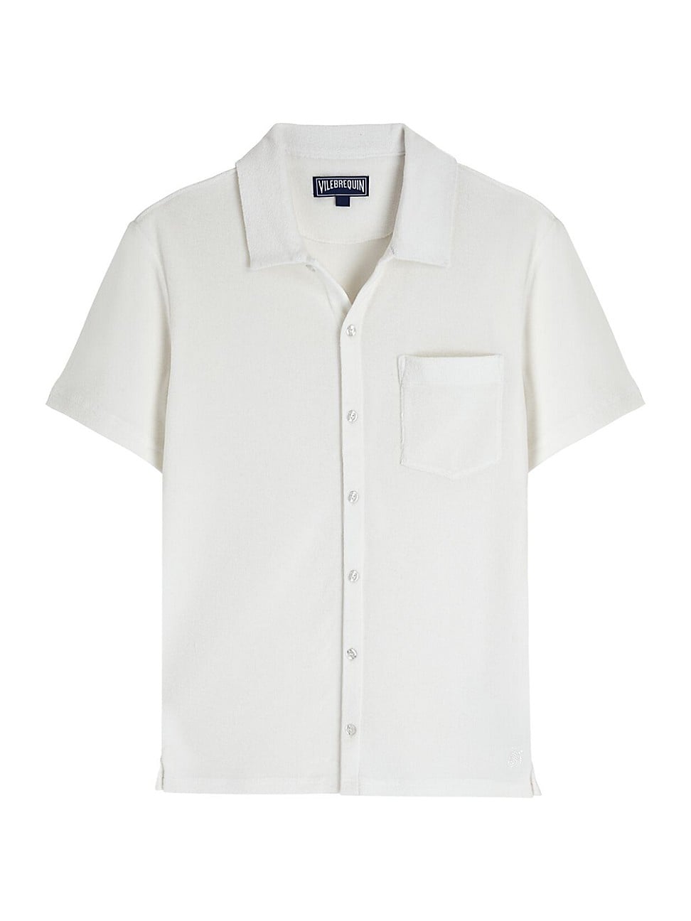 Beige short-sleeve bowling shirt made of terry cloth, featuring a button-down front, a chest pocket, and a relaxed fit, labeled as Charli in size XXL by Vilebrequin.
