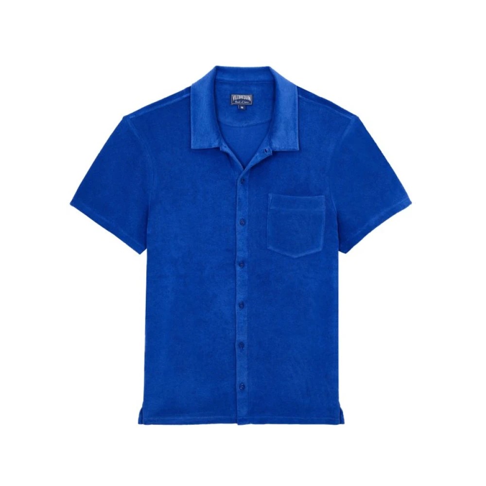 Solid blue terry bowling shirt by Vilebrequin, featuring a button-up front, short sleeves, a single chest pocket, and a relaxed fit, available in size XXXL.