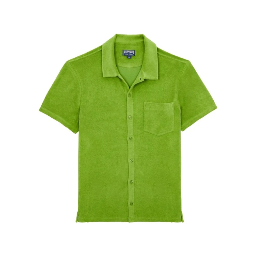 Bright green terry cloth bowling shirt with a button-down front, short sleeves, and a single chest pocket, featuring a classic collar, in size XL.