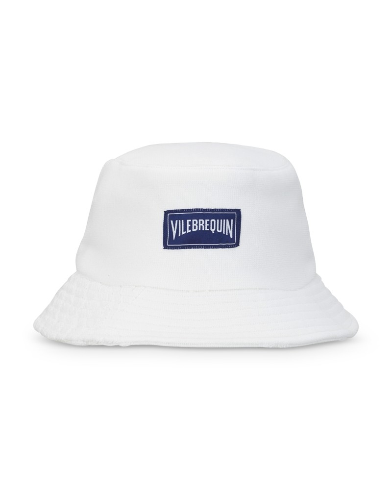 White terry cloth bucket hat featuring a navy blue Vilebrequin logo patch, with a wide brim and soft texture, designed in size M/L.