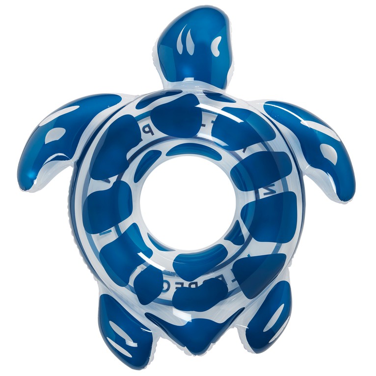 Blue and white inflatable turtle float with a round center, featuring a glossy finish and distinct turtle shell pattern, designed for water activities.
