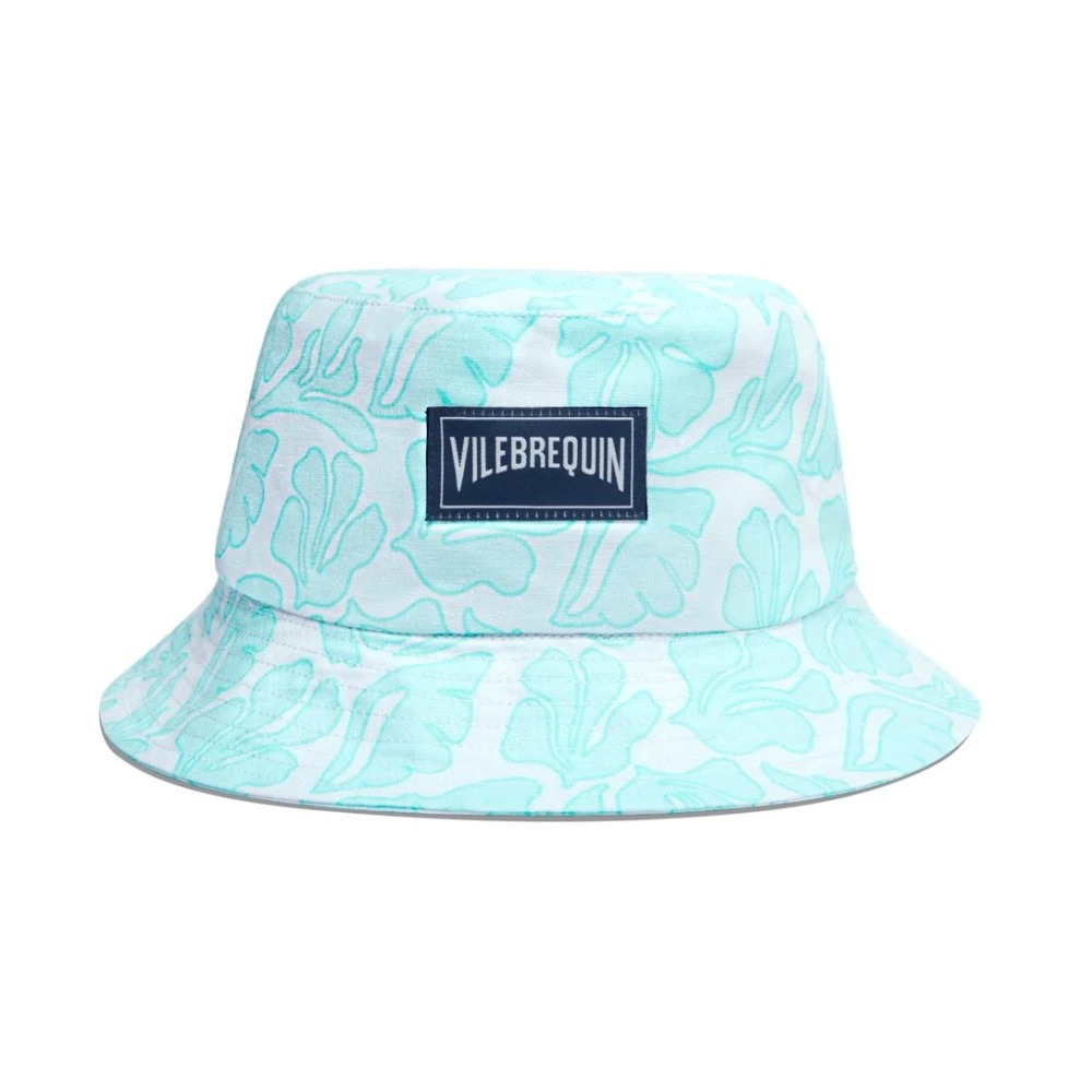 Unisex white linen bucket hat by Vilebrequin featuring a seashells pattern in light blue, with a navy logo patch on the front, available in size XS/S.