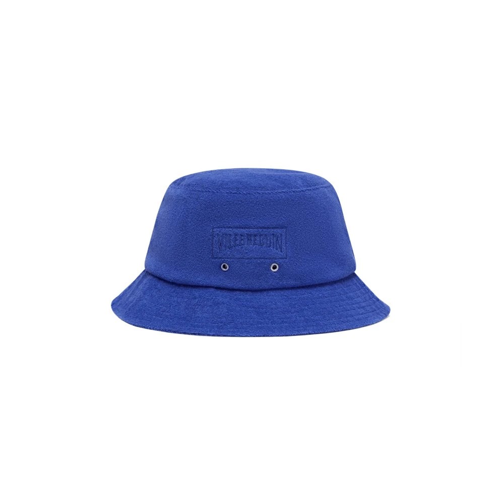 Unisex blue terry bucket hat by Vilebrequin, featuring a textured fabric, a logo patch on the front, and ventilation eyelets on the sides, available in size M/L.