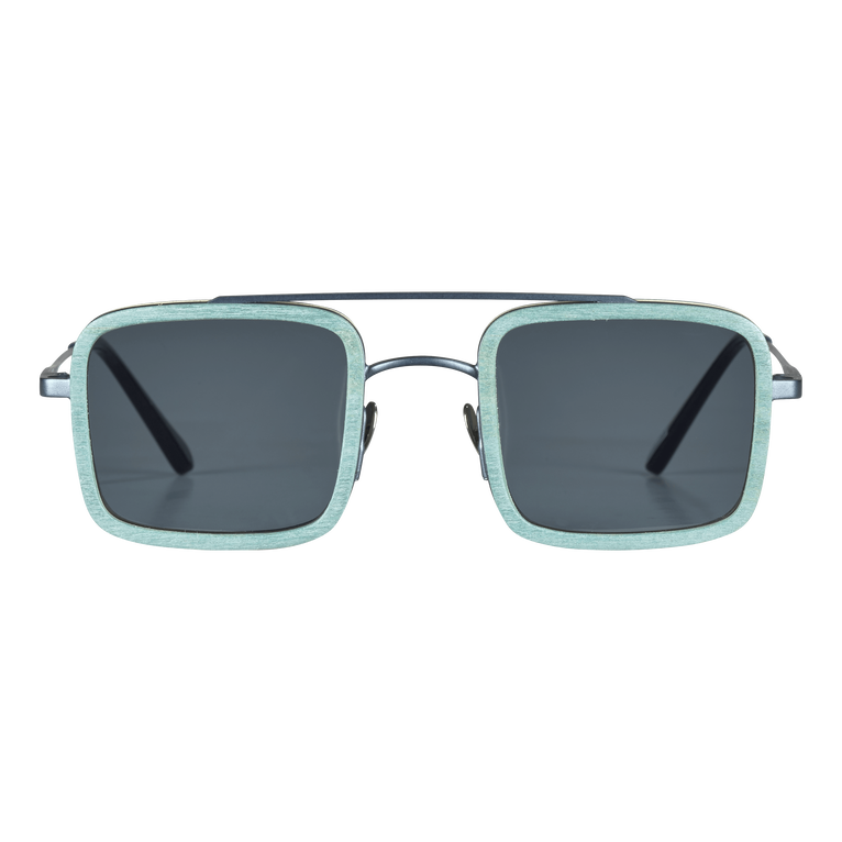 Stylish blue sunglasses with a unique tulipwood frame, featuring square lenses and a sleek design, perfect for a fashionable look.