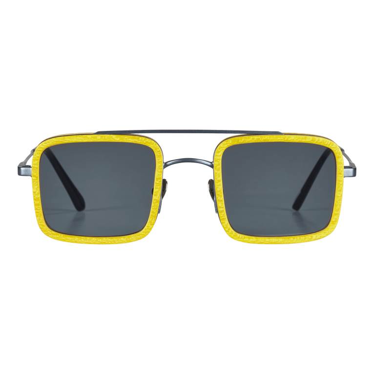 Square sunglasses featuring a vibrant yellow frame with a textured finish, dark lenses, and sleek black temples, designed for men by Vilebrequin in collaboration with Shelter.