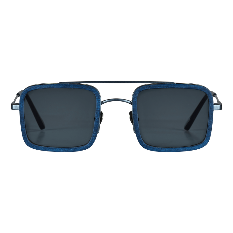Square sunglasses featuring a blue tulipwood frame, dark lenses, and sleek metal accents, designed by Vilebrequin in collaboration with Shelter. Size OSFA.