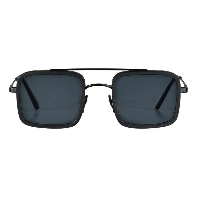 Black rectangular sunglasses with dark lenses, featuring a unique tulipwood texture on the frame, designed for both men and women, by Vilebrequin in collaboration with Shelter.