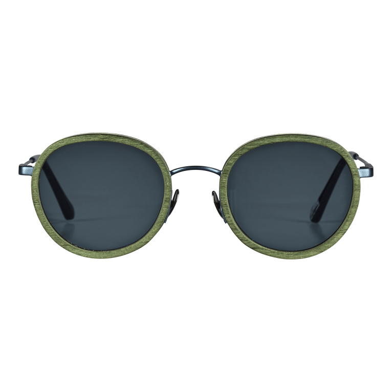 Round sunglasses featuring a green tulipwood frame, dark lenses, and sleek black arms, designed for both men and women by Vilebrequin in collaboration with Shelter.