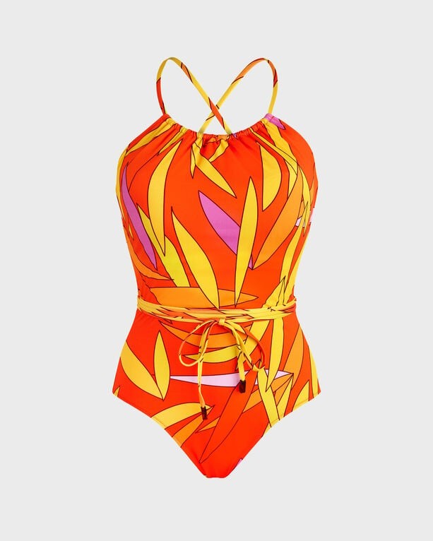 Backless one-piece swimsuit in vibrant orange with a leaf pattern, featuring adjustable straps and a tie waist, made from lightweight swimwear material, size L.