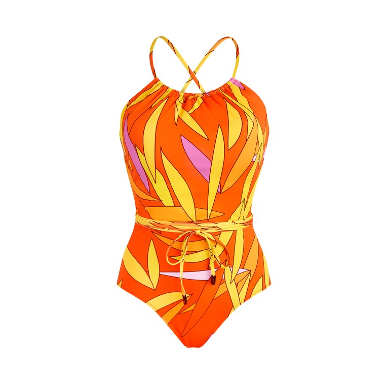 Backless one-piece swimsuit in vibrant orange with yellow leaf patterns, featuring adjustable straps and a cinched waist, made from lightweight swimwear material, size S.