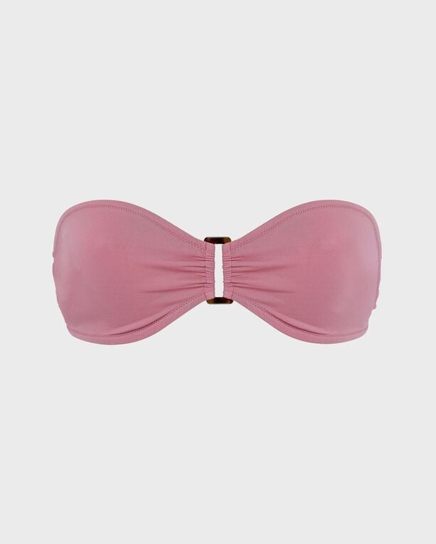 Solid pink bandeau bikini top by Vilebrequin, featuring a central clasp detail, made from smooth swimwear material, designed for women in size S.