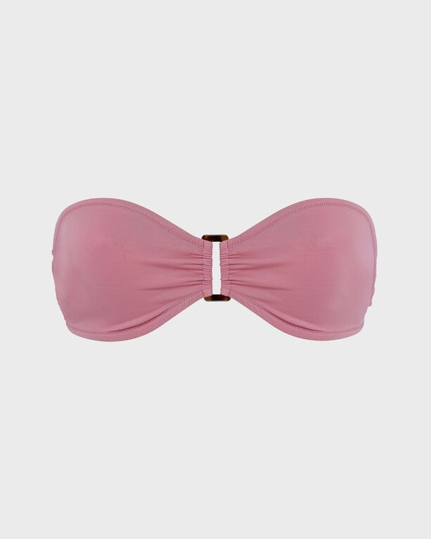 Solid pink bandeau bikini top by Vilebrequin, featuring a central clasp detail, made from smooth swimwear material, designed for women in size XS.