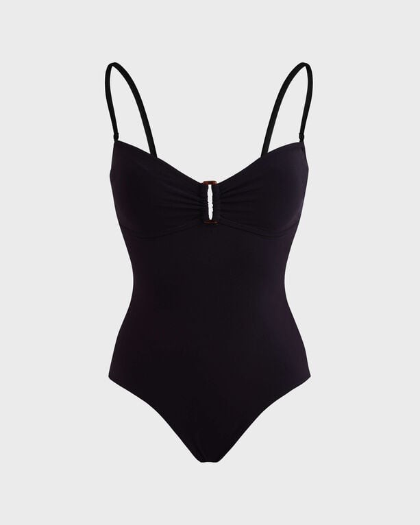 Black bandeau one-piece swimsuit by Vilebrequin, featuring adjustable straps, a gathered front with a decorative detail, and a sleek, solid design in size XL.